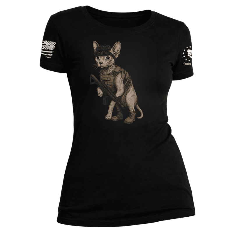 Cat with a gat blk female t shirt (1)